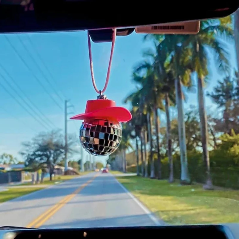 Car Rearview Mirror Hanging Cowgirl CowBoy Hat Pink Disco Ball Bling Keychain Western Accessories Bag Decor Car Makeover Car Decoration Accessories Car Pendant