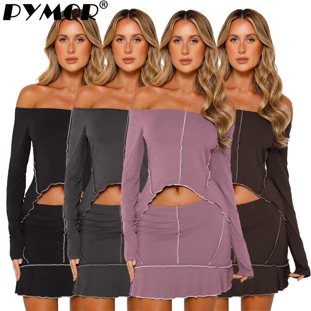 PYMQR New Sexy Solid Color Reversed Edge Design Feel Slash Neck Skirt Set 2023 Autumn Y2K Streetwear Party Club Beachwear hand rolled edge 140cm cashmere scarf shawls women s brand scarves neck wool pashmina winter woman luxury naturalize