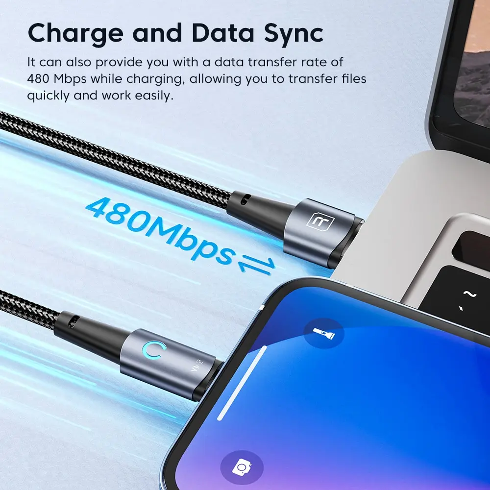 Toocki Dual USB A to Type C/Lightning LED Fast Charging Cable