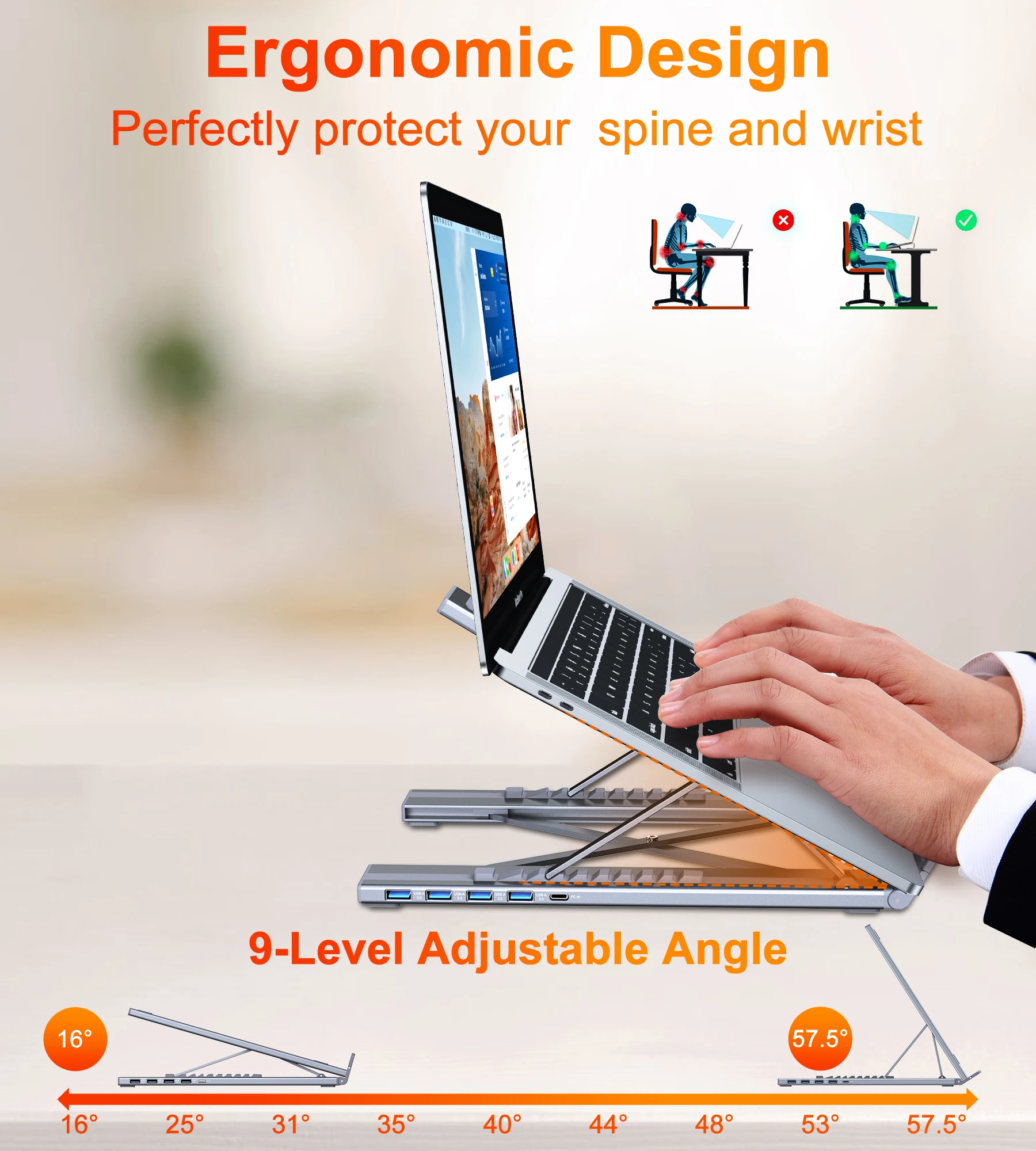 USB C-USB 허브 휴대용 노트북 스탠드 알루미늄 4포트 USB3.0 멀티포트 어댑터 맥북용 조절 가능한 노트북 도킹 스테이션