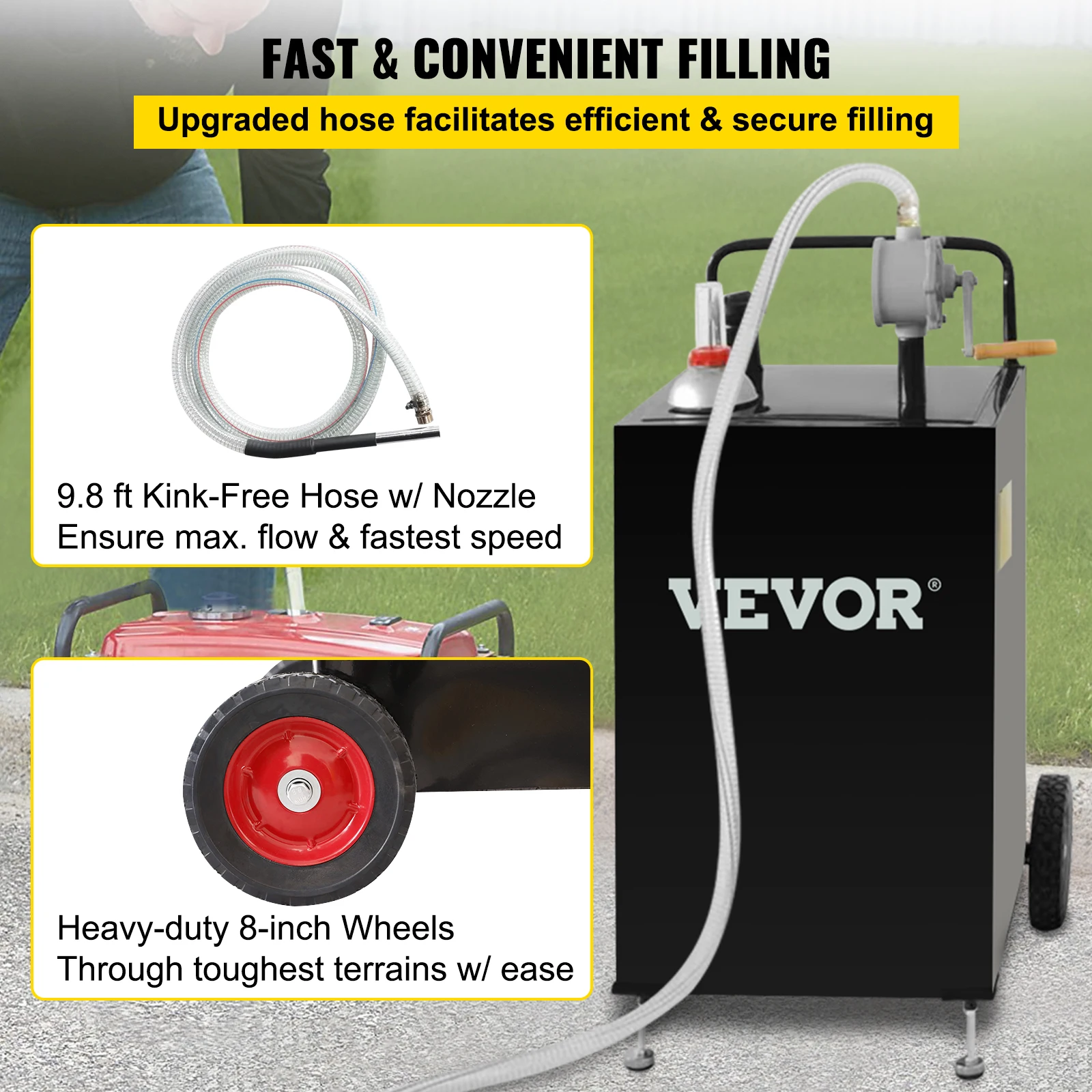 SucceBuy 30 Gallon Gas Caddy Fuel Storage Tank with Wheels Portable Fuel Caddy with Manuel Transfer Pump for Cars ATVs Boats