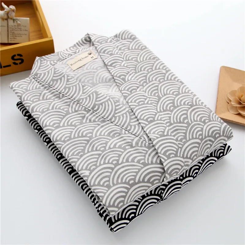 Men Japanese Kimono Pajamas Cotton Gauze Wave Patterned Short Sleeved Shirt Trousers Set Loose Fit Comfort