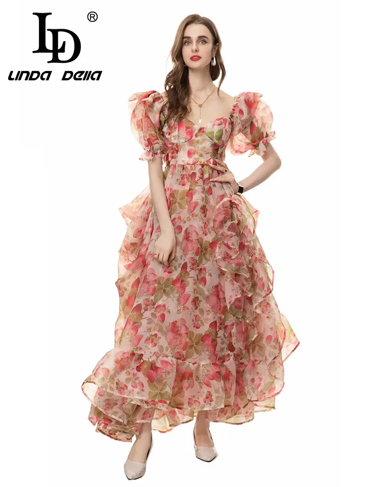 

LD LINDA DELLA Summer 2024 luxury designer party Dresses for women Floral Print Backless Ruffles Ball Gown Puff Sleeve Dresses