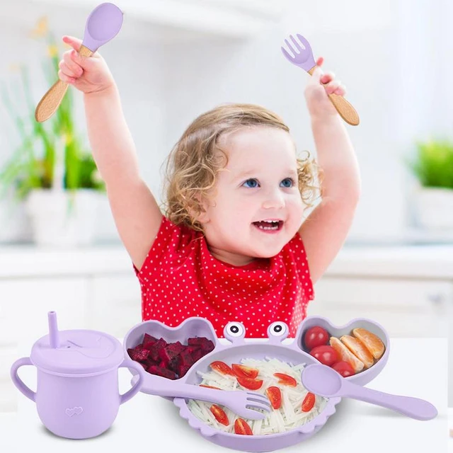 Cuenco con ventosa de silicona suave para bebé, plato, taza, baberos,  cuchara, juegos de tenedor, vajilla antideslizante, platos de alimentación  para niños, sin BPA, 9 piezas - AliExpress