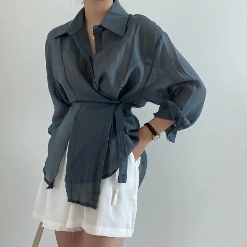 Women Long Sleeve Elegant Chic Solid Button Blouse