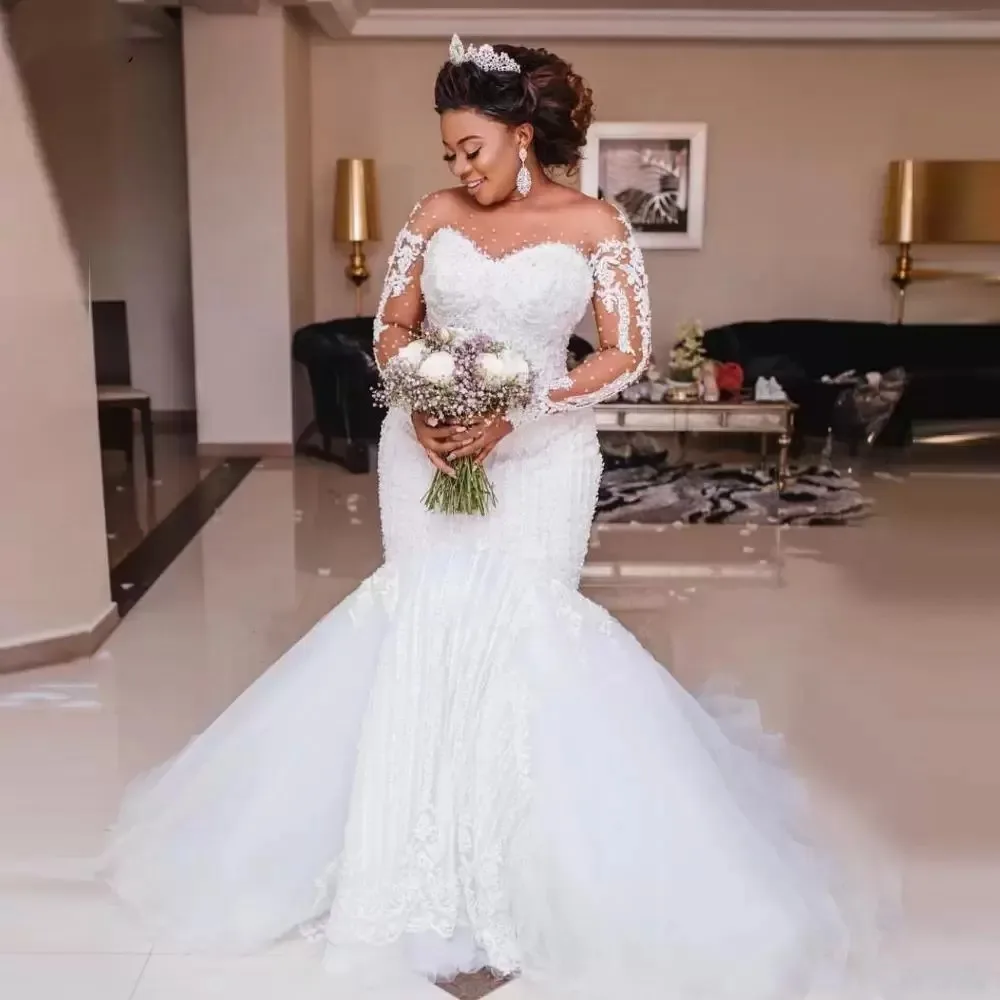 

Arabic Dubai Beaded Mermaid Dresses African Long Sleeve Appliques Pearls Wedding Bridal Gowns Plus Size Vestido De