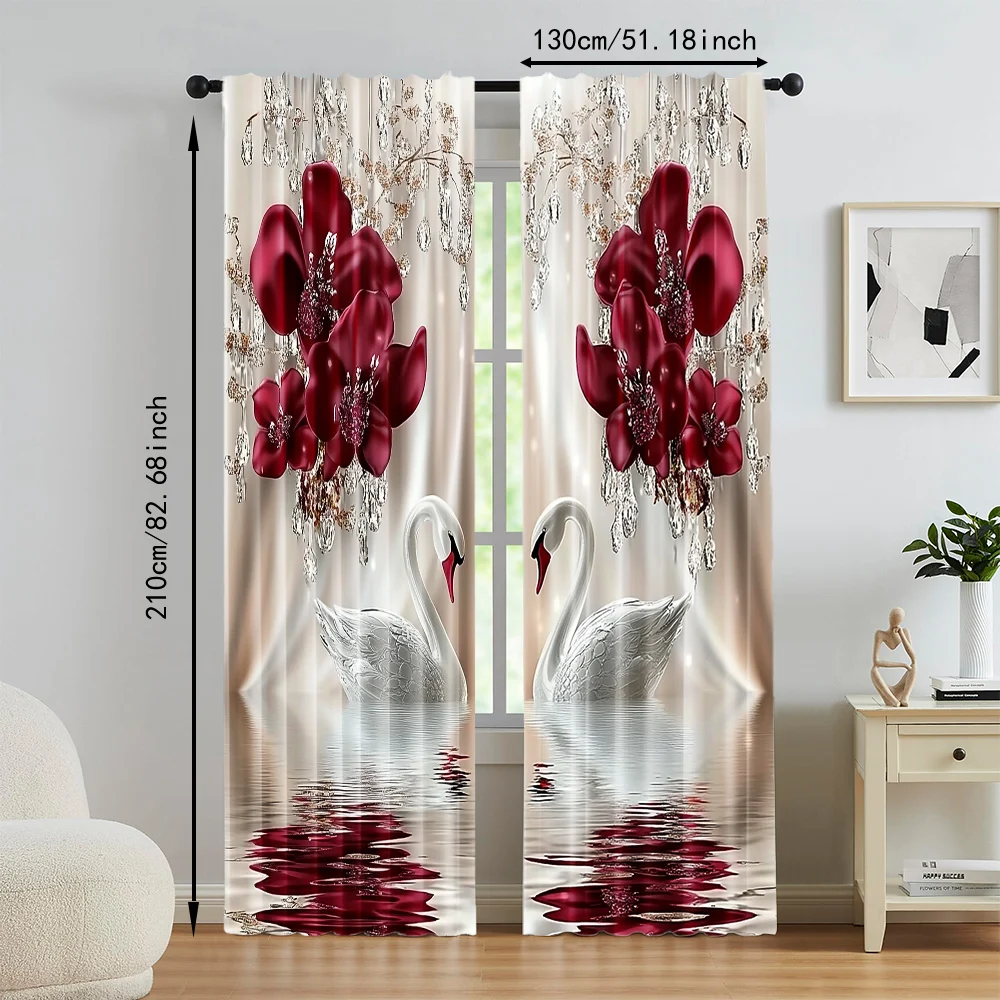 2Pcs Digital Printed Rod Pocket Window Curtain Swan Flower Pattern Window Drapes For Bedroom Living Room Home Decor Design For 5