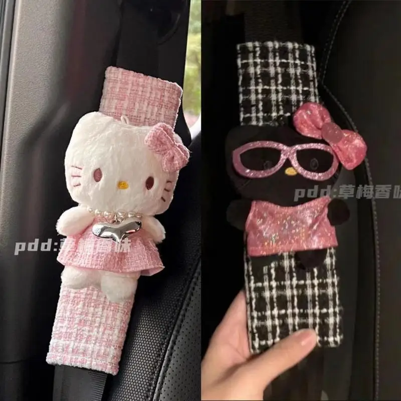 

Hello Kitty New Sanrio Kawaii Safety Belt Anime Cute Cartoon Plush Car Seat Belt Shoulder Protector Car Interior Decoration Gift