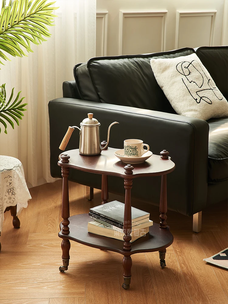 

French retro coffee table, small unit living room, movable sofa, side table, corner table, solid wood small cart storage shelf