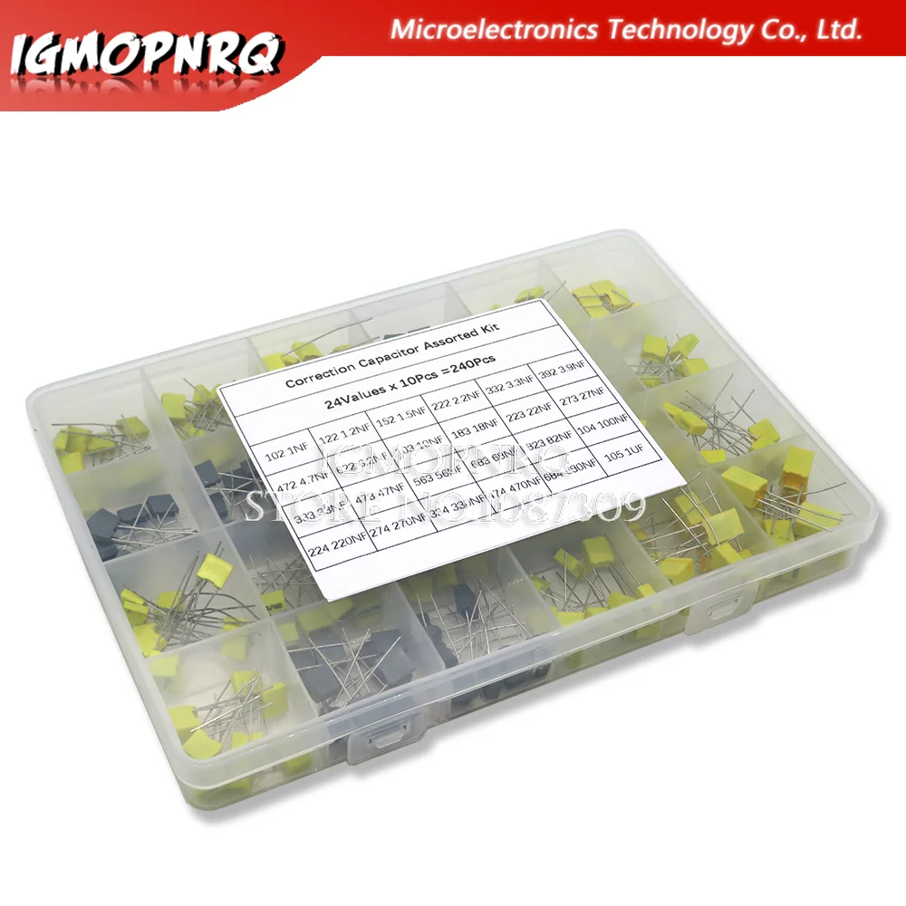 

240 шт. корректирующий конденсатор в ассортименте, 24 значения x 10 шт. 63 в-100 в 102J-105J, фотоемкость, конденсаторы для пластиковой пленки