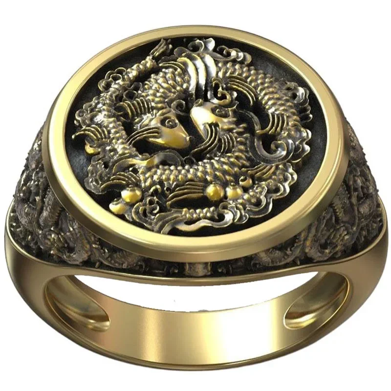 

11g Chinese River Fish Traditional Pattern Man Gold Art Relief 925 Solid Sterling Silver Rings Many Sizes 6-13