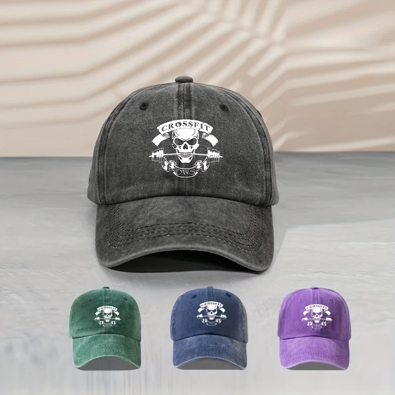 

2023 Crossfit Ows Skull Baseball Cap, Washed Distressed Print Sports Hat Casual Cotton Sun Hats