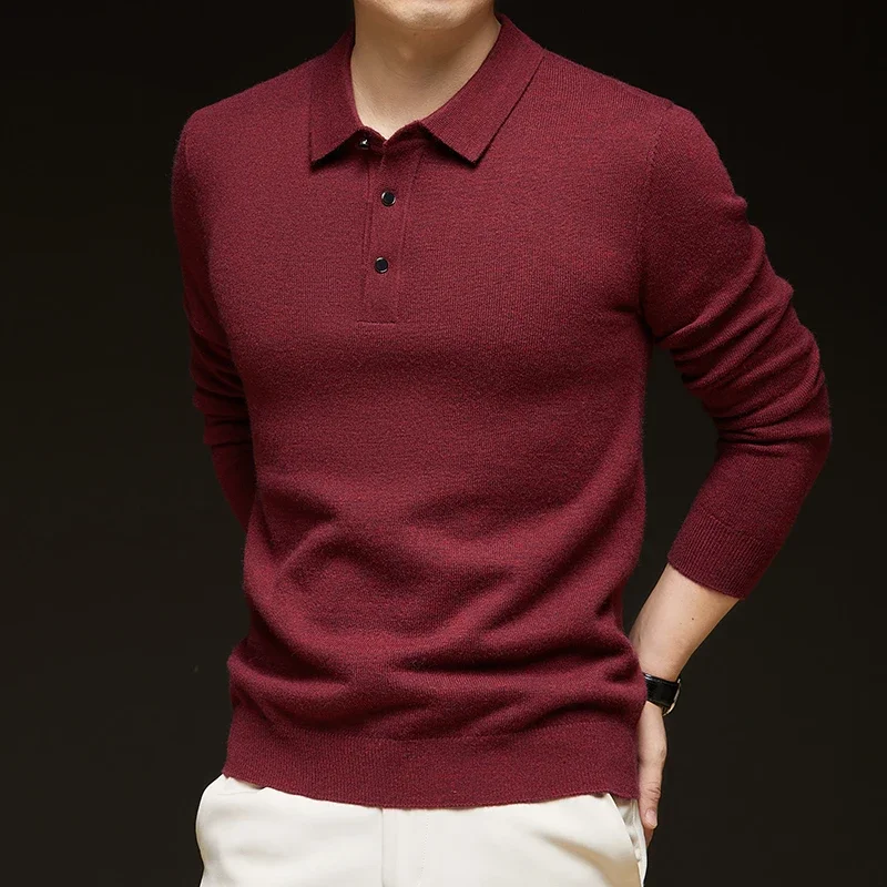 Men's Autumn Winter Lapel Wool Knitted Sweater Long-Sleeved Solid Color Thickened Polo Shirt Bottoming Layering Top 2