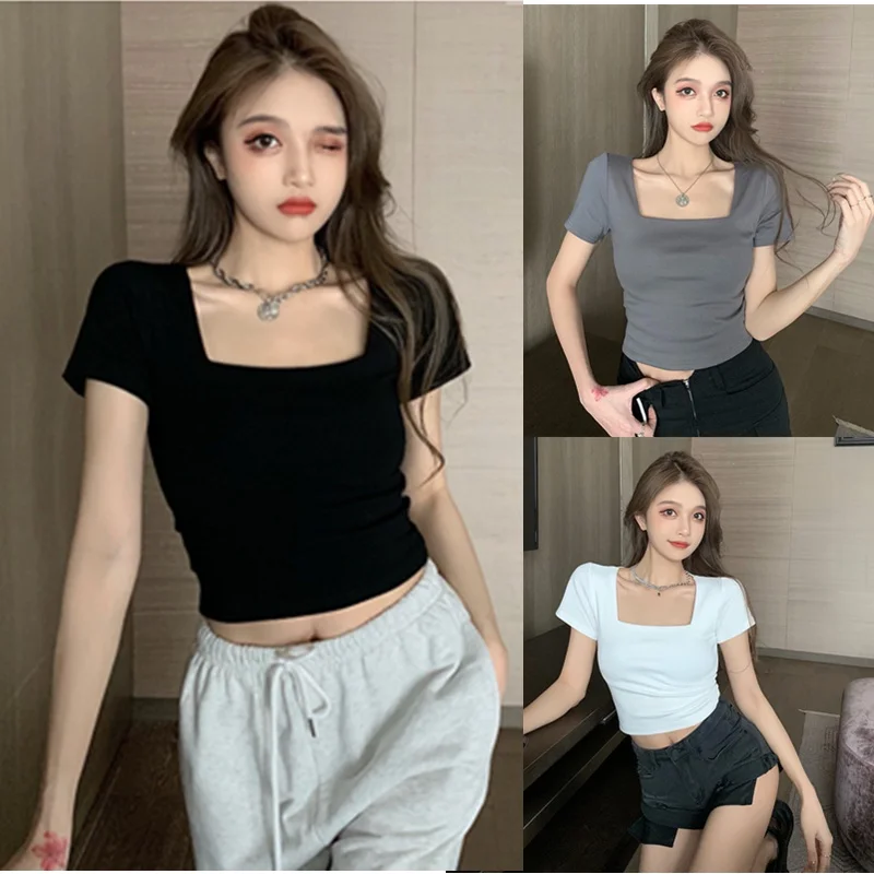 

Women's Fashion Square Neck Short Sleeve t-Shirt High Waist crop Top