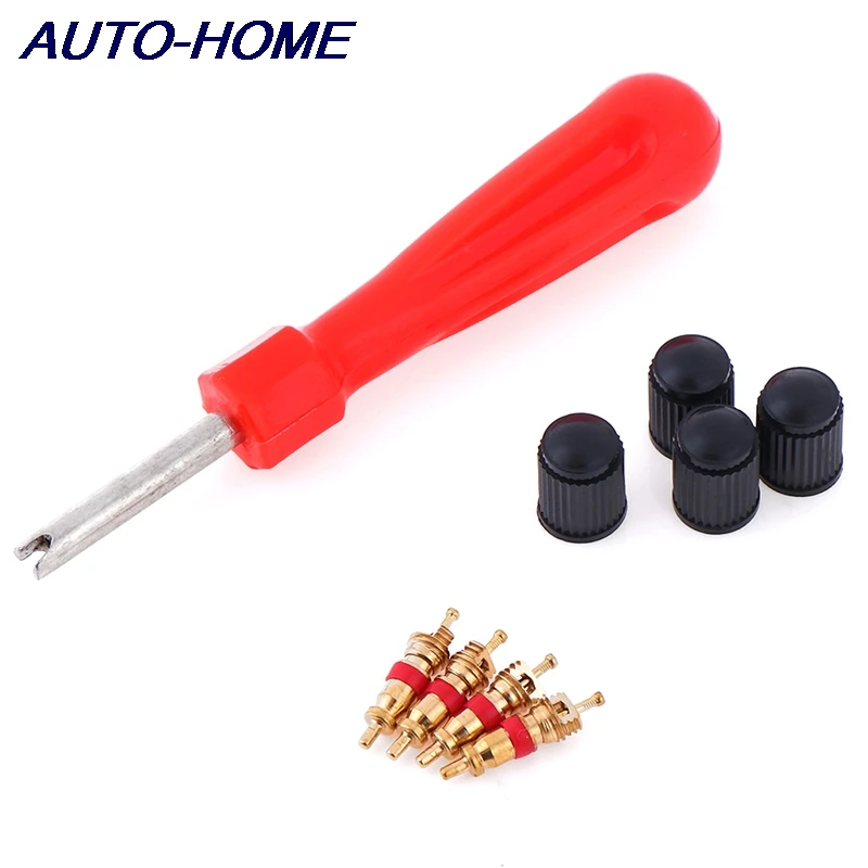 

1 Set Tire Valve Service Kit 4 Valve Cores 4 Valve Caps 1 Valve Stem Screwdriver Tire Repair Tool for Car Motorcycle Bus Truck