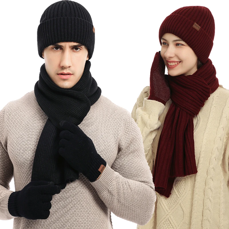 

Men's Women's Long Scarf Hat Gloves 3 Pieces Set Winter Warm Fashion Thick Cap Scarves Sets