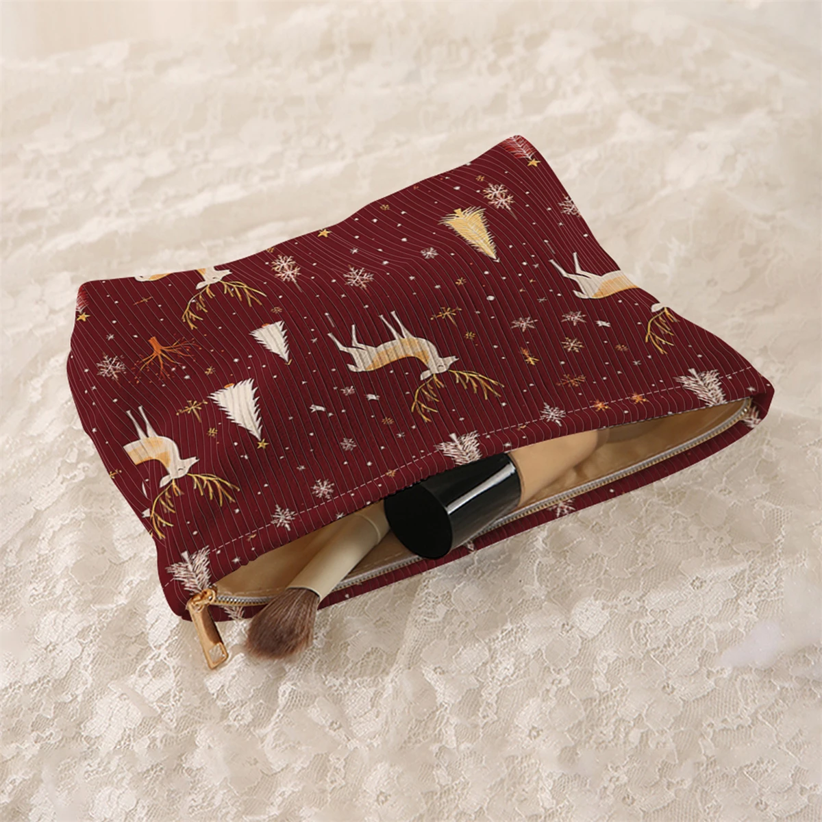 1 Christmas themed corduroy makeup bag, lightweight zipper makeup storage box, multifunctional bag with lining