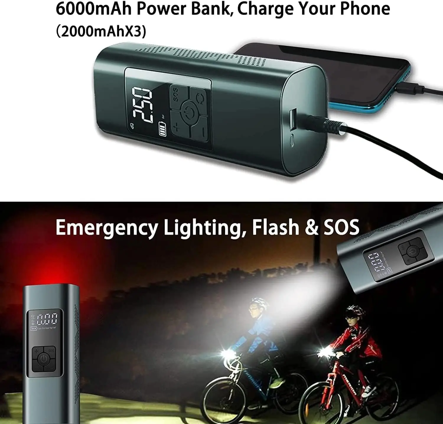 휴대용 타이어 팽창기, 무선 6000mAh 배낭 디지털 공기 펌프, 2 차 타이어/시간, 140PSI DC 12V