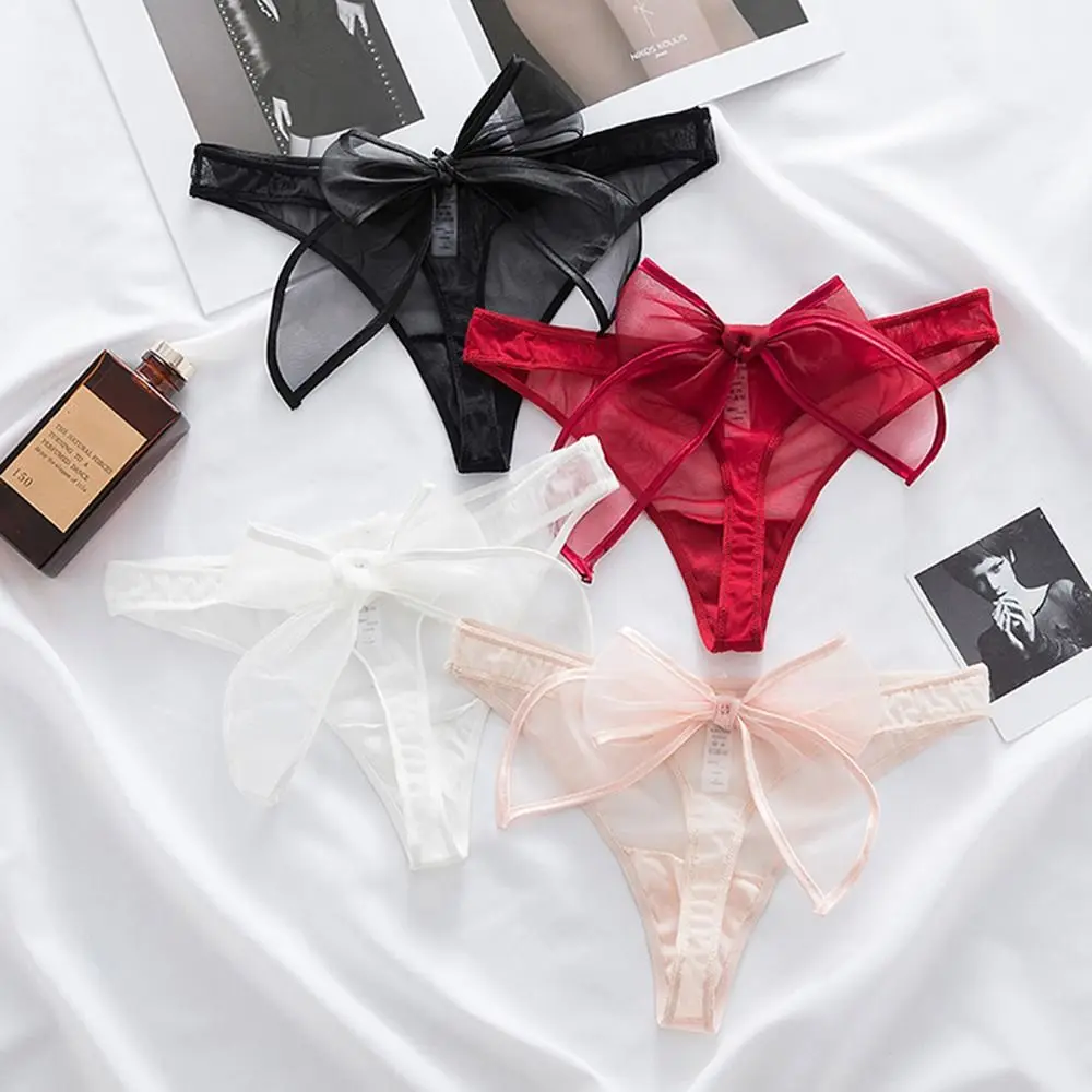 

Однотонное нижнее белье с низкой талией, бикини, стринги, атласная лента с бантом, женское белье, трусики с бантом, кружевные трусики, женские стринги
