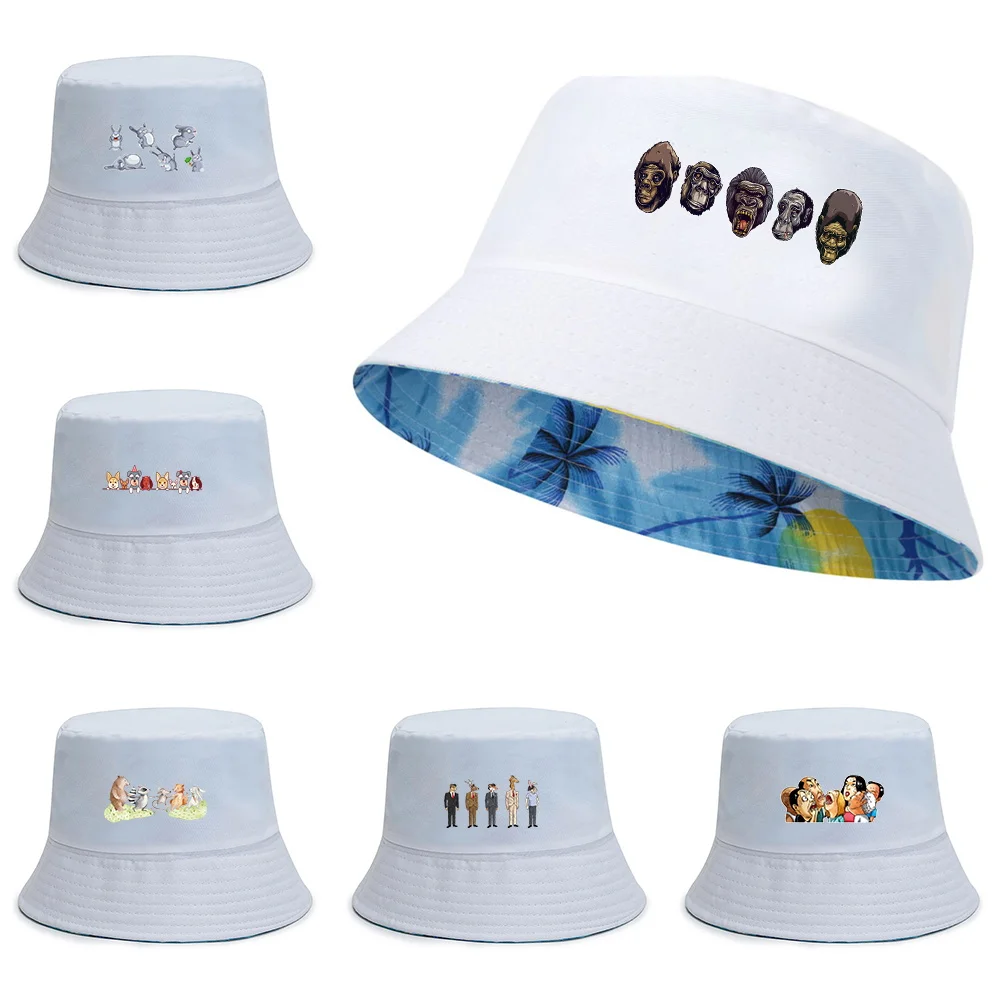 

Unisex Cotton Double-sided Bucket Hats Summer UV-proof Visors Cap Fishing Hat Cartoon Print Fisherman Caps Casual Wild Beach Hat