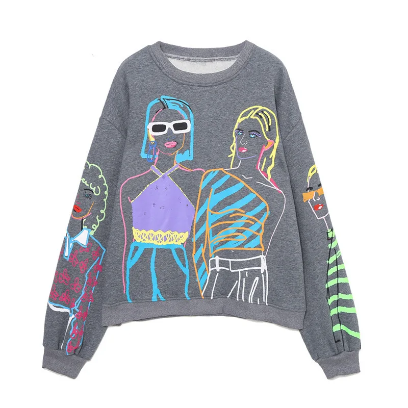 

C Oversize Women Gray Charater Print Fleece Long Sleeve O Neck Loose Pullovers Female Sweatshirts Tops