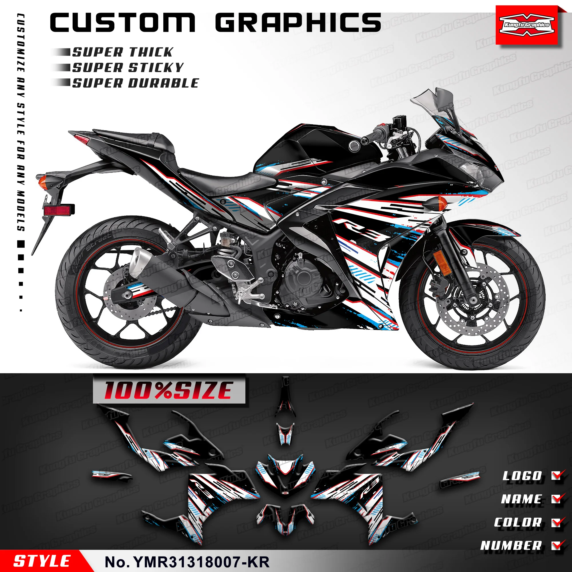 

KUNGFU GRAPHICS Sportbike Sticker Wrap Kit Vinyl Decal for Yamaha YZF-R3 YZF R3 2013 2014 2015 2016 2017 2018, YMR31318007-KR