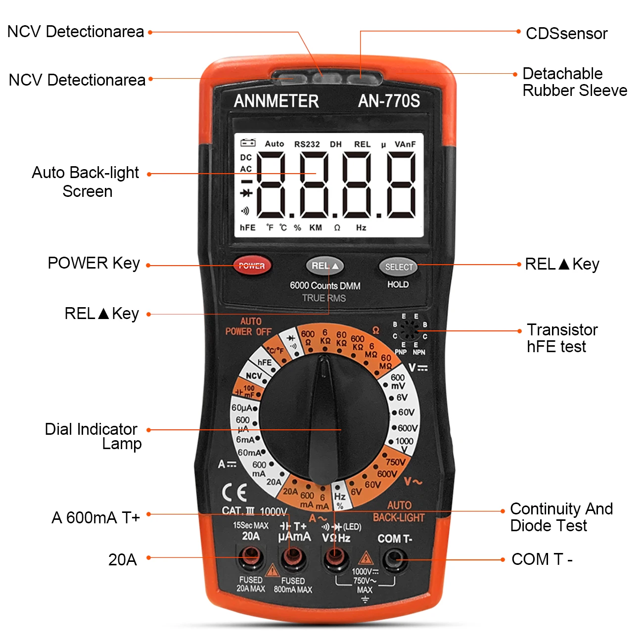 Digital Multimeter AN-770S Digital Multimeter Auto-Ranging 6000 Counts True RMS DC & AC Voltmeter Ohm Amp and Capacitor Tester with Frequence