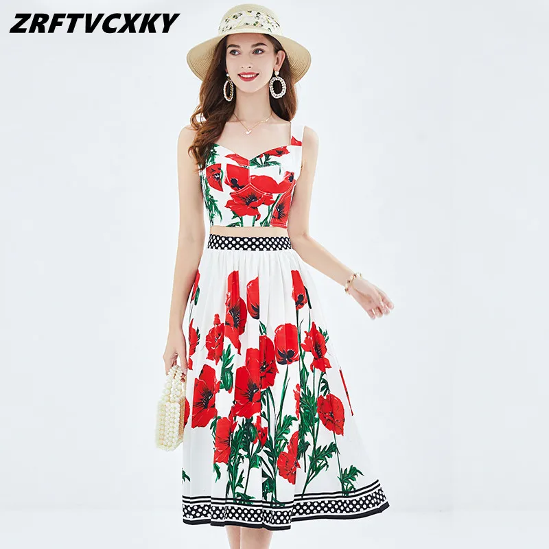 

Sicily Floral Summer Runway Outfits Women's Sexy V-Collar Crop Top＋Long Midi Skirt Suit Female Matching Vacation 2 Piece Set