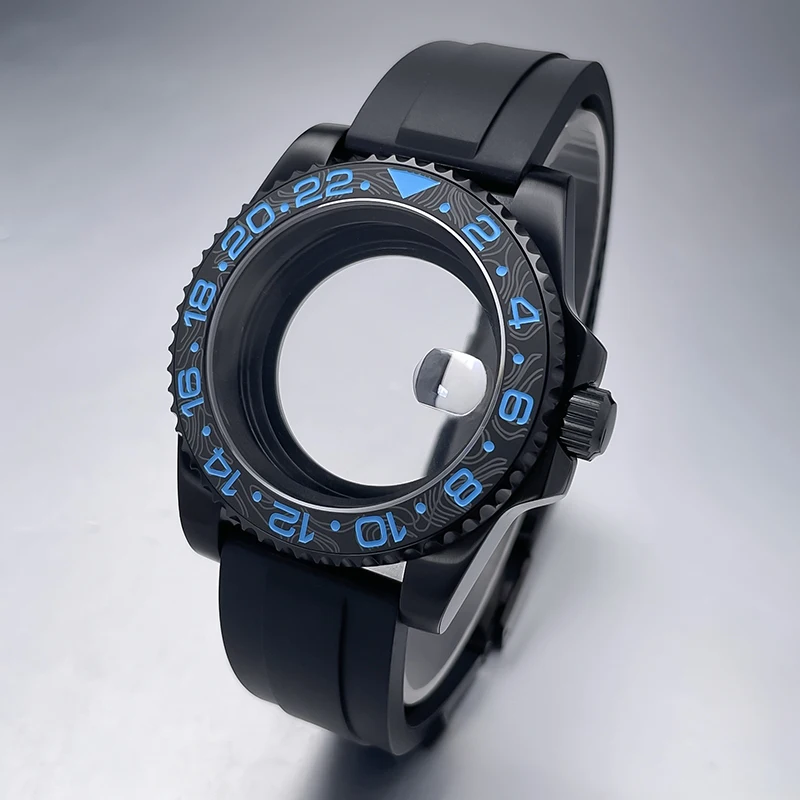 All-Black Sub Style Watch Case with Rubber Strap and Sapphire Crystal