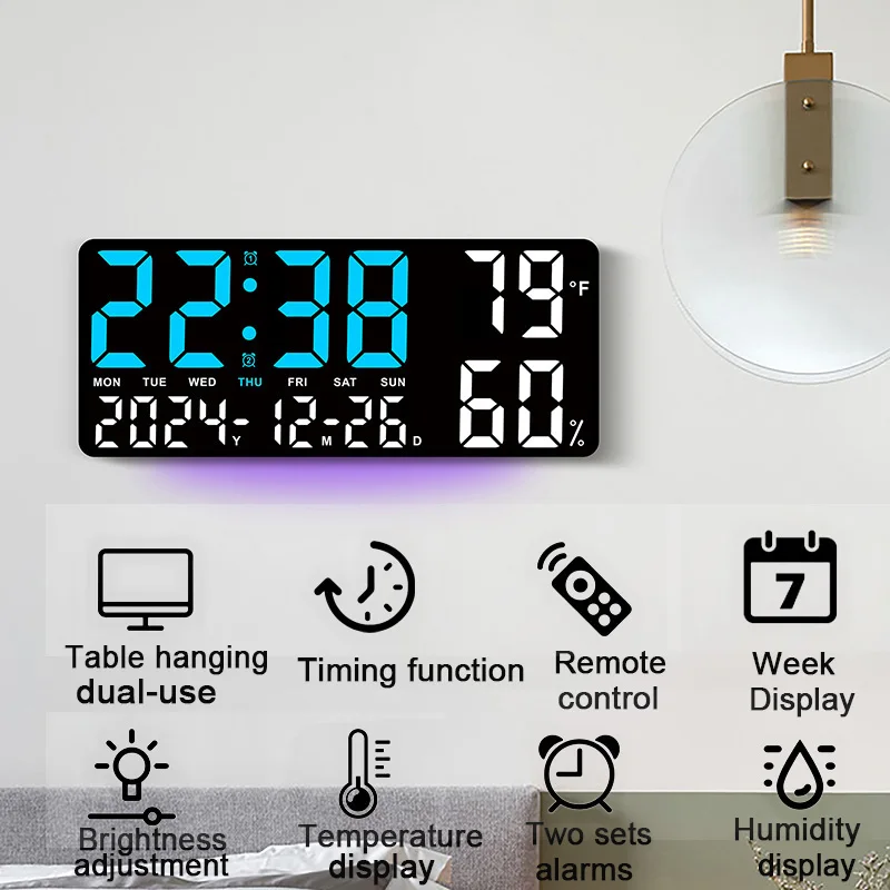 Digital Wall Clock Mood Lighting Temperature Humidity Timing Countdown 2 Alarm Auto Dimmer Plug in Use LED Alarm Clock Remote 2