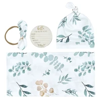 4PCS Set Newborn Receiving Blanket with Matching Headband Beanie Wooden Birth Announcement Card Infant Hospital Swaddle Blanket 2