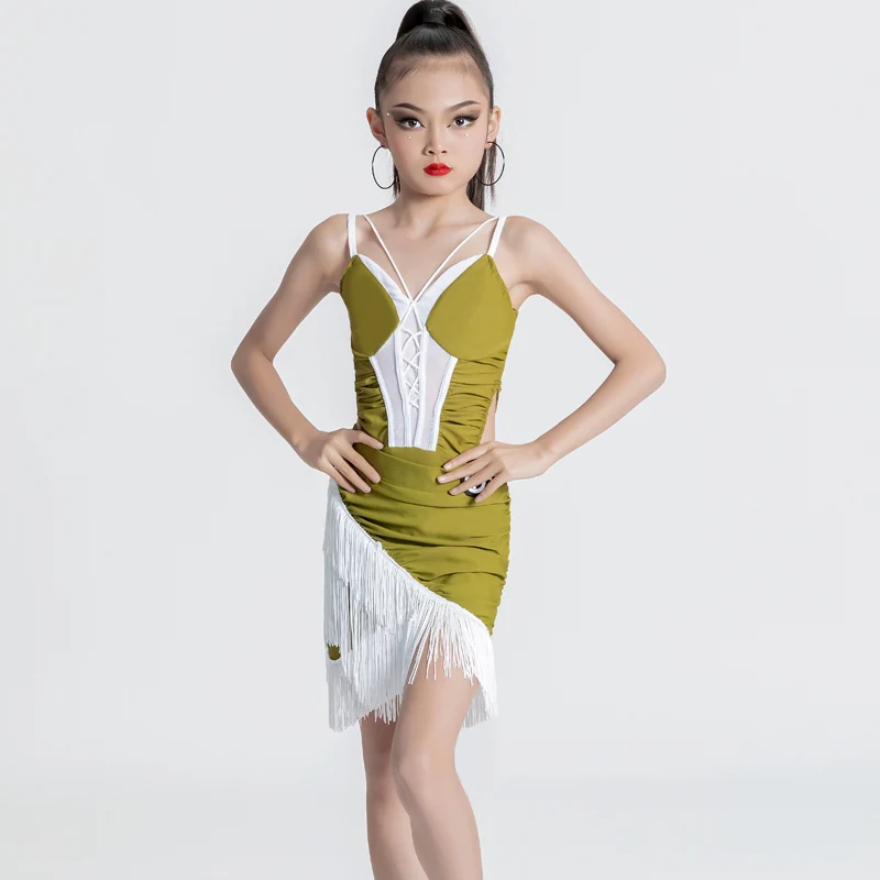 

Summer Girls Green Top Latin Fringes Skirts Kids Performance Latin Split Suit Chacha Tango Ballroom Latin Dance Costume SL8195