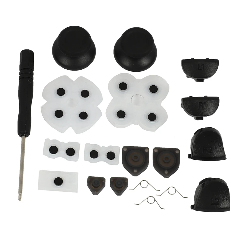 

L1 R1 L2 R2 Trigger Buttons + 2 Springs + 2 Joystick Thumb Sticks + 1 Set Conductive Rubber + Screwdriver For PS4 Controller (1S