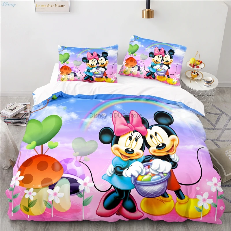 Cute Mickey Mouse Bedding Set Disney Minnie Mouse Duvet Cover Pillowcases Double Twin Full Queen King Child Kids Bedclothes Home 