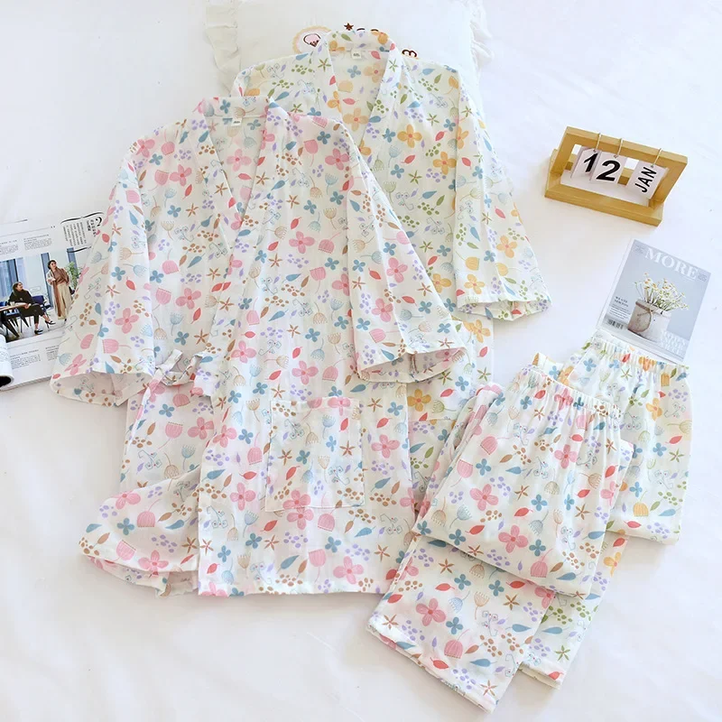

Women 2 Piece Sleepwear Spring And Summer Pure Cotton Yarn Kimono Pajamas V-Neck Printing Plus Size Pijama Mujer Loungewear