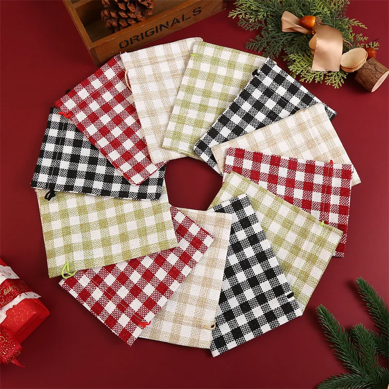 50 Pcs/lot 10*14, 13*18cm Lattice Cloth Drawstring Gift Bags Burlap Pouches Christmas Party Candy Bags Craft Supplies