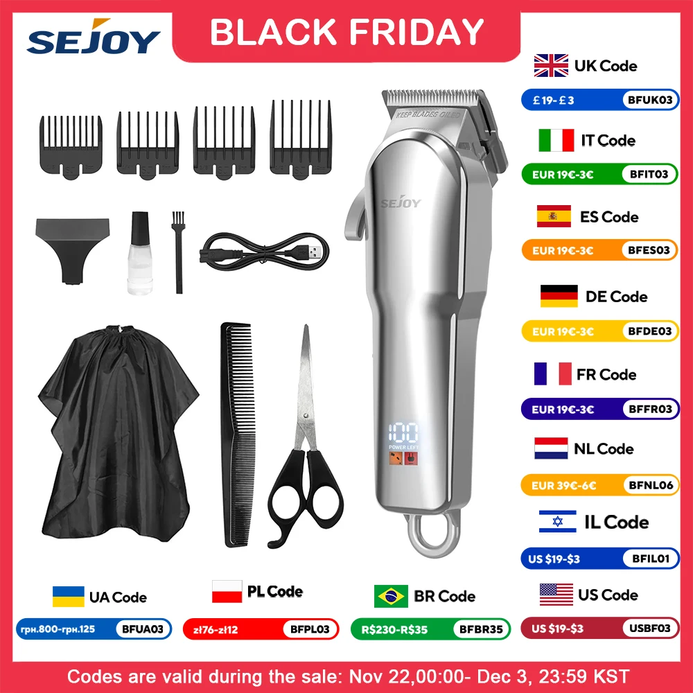 Sejoy Professional Hair Cutting Machine Cordless Barber Clipper Set with LED Display for Men