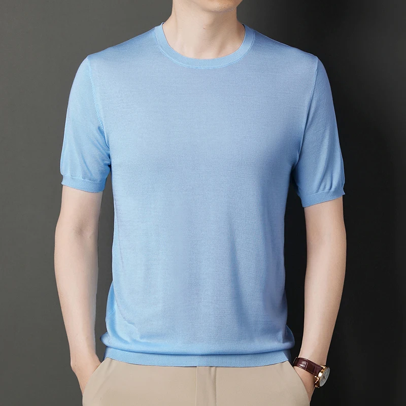 High Quality Men Silk Knit Tops 2022 Summer O-Neck Ice Silk Tee Shirts Male Short Sleeve Knitting Thin Clothing T-Shirts