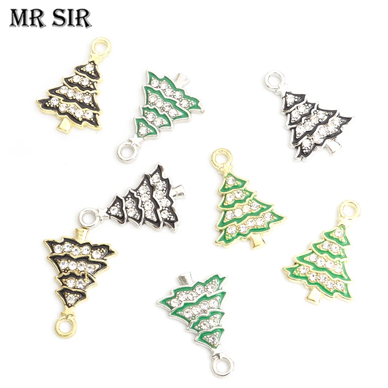 10pcs Crystals Enamel Christmas Pine Tree Charms Cute Christmas Decoration Metal Pendant DIY Xmas Earrings Bracelets Accessories