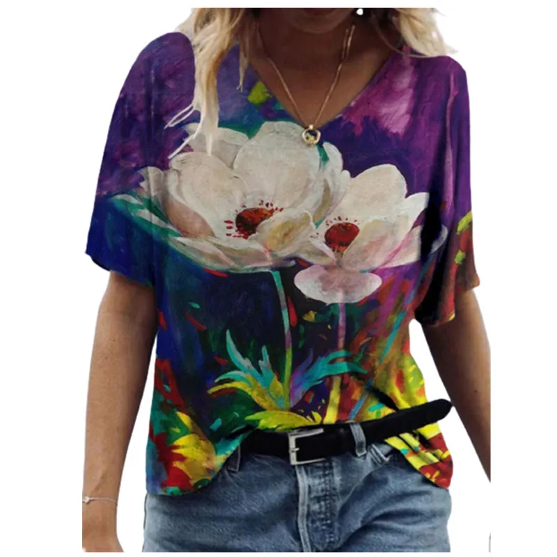 3D Tie Dye Sunflower Women Print Tops Summer 2021 New Fashion Ladies Short Sleeve V-Neck Casual T Shirt Loose Plus Size Tee Tops black and white striped shirt Tees