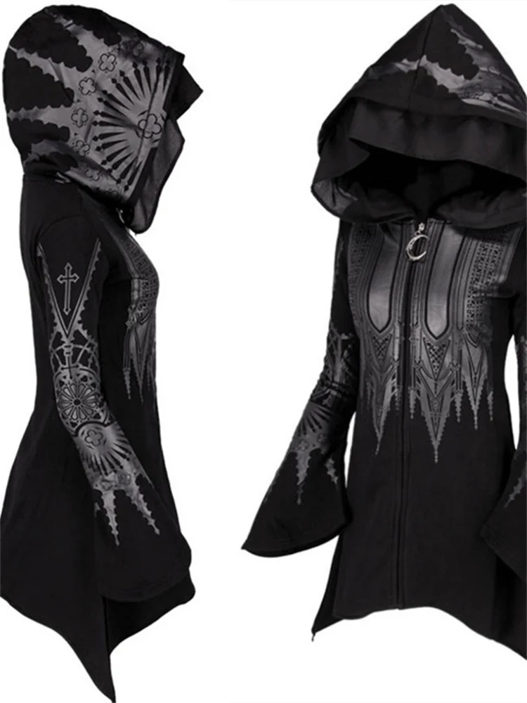Street Goth Style Punk noir Long haut à capuche Harajuku rétro foncé Grunge Y2K imprimer sweats 2022 nouveau automne hiv