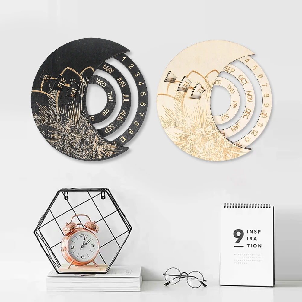 Wooden Round Rotatable Perpetual Calendar Laser Engraving Flower Pattern Estudio Wall Decor Clock Date Week Display Crafts