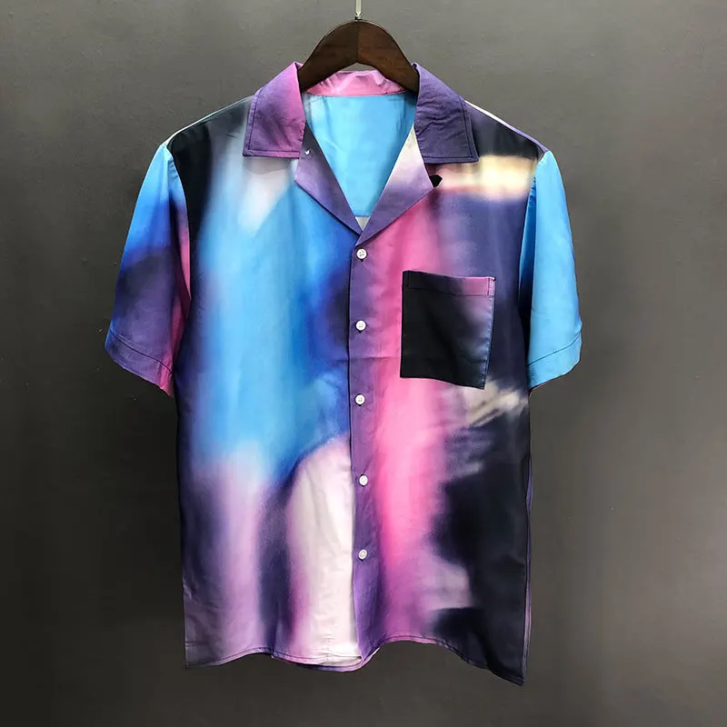 Color Gradient Pattern Shirt Short Sleeve Casual Men Shirt Streetwear Breathable Camisa Fashion Masculina Summer