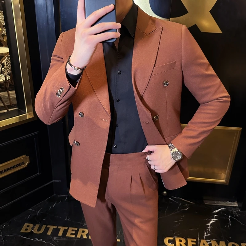 

High Quality Fashion Autumn and Winter Thickened Double Breasted (suit + Trousers Gun Lapel Collar Suit Wedding MC Suit Two Sets