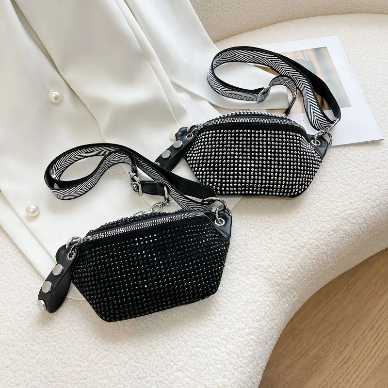 Designový dámský pas Nový dámský řetězový ramenní crossbody hrudník Diamond ledvinka a telefonní taška Módní dámský opasek_voghion.com
