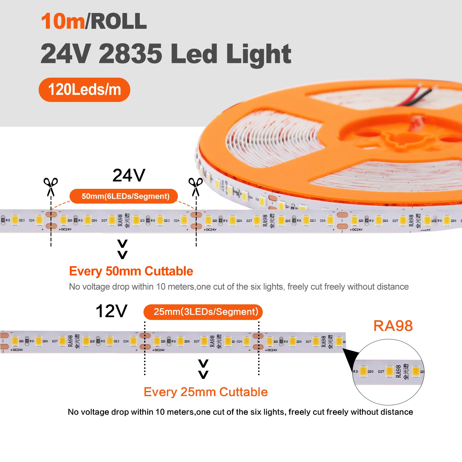 RA98 LED 스트립 조명 5M 10M 12V 24V 2835 고휘도 120LEDs/M 2700K 3000K 3500K 4000K 5000K 6000K 플렉시블 테이프 홈 조명