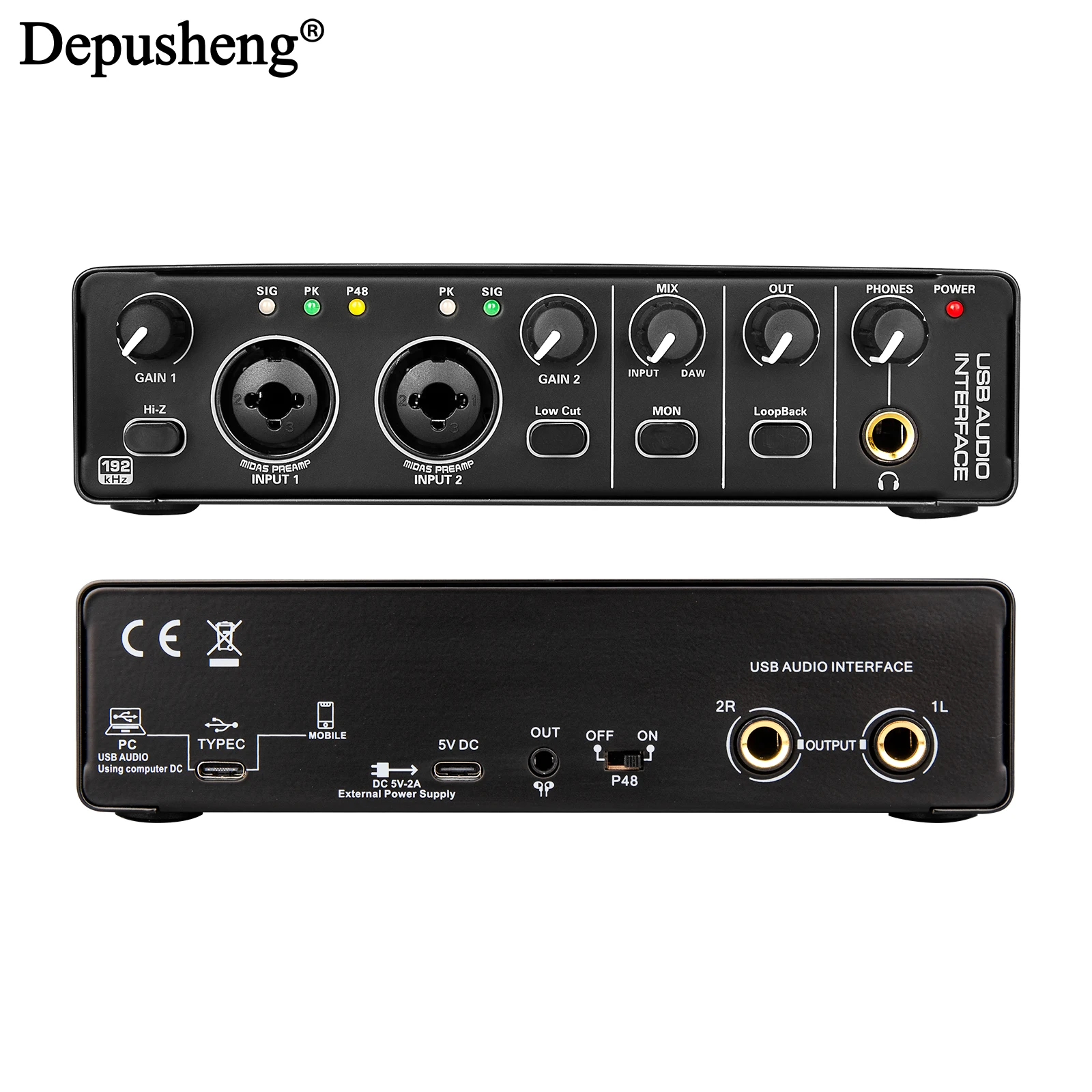 오디오 인터페이스 Depusheng MD22 USB 3.0 사운드 카드(모니터링 포함) 일렉트릭 기타 라이브 녹음용 스튜디오 노래 마이크로