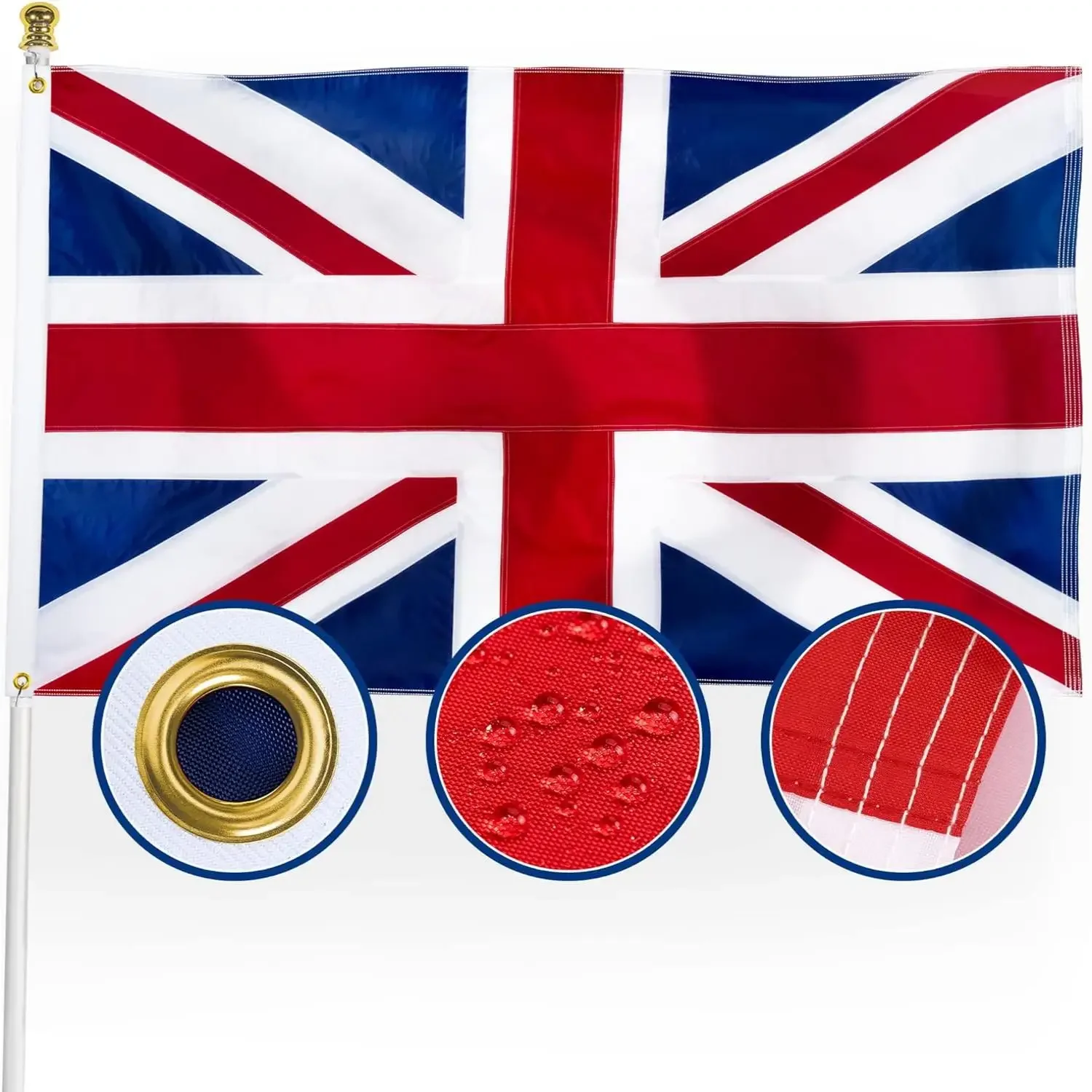 3 X5Ft Regno Unito Regno Unito Bandiera Britannica Ricamata Cucita 4 File Serratura Cuciture Occhielli Lunga Durata Colore Vibrante 210D Nylon