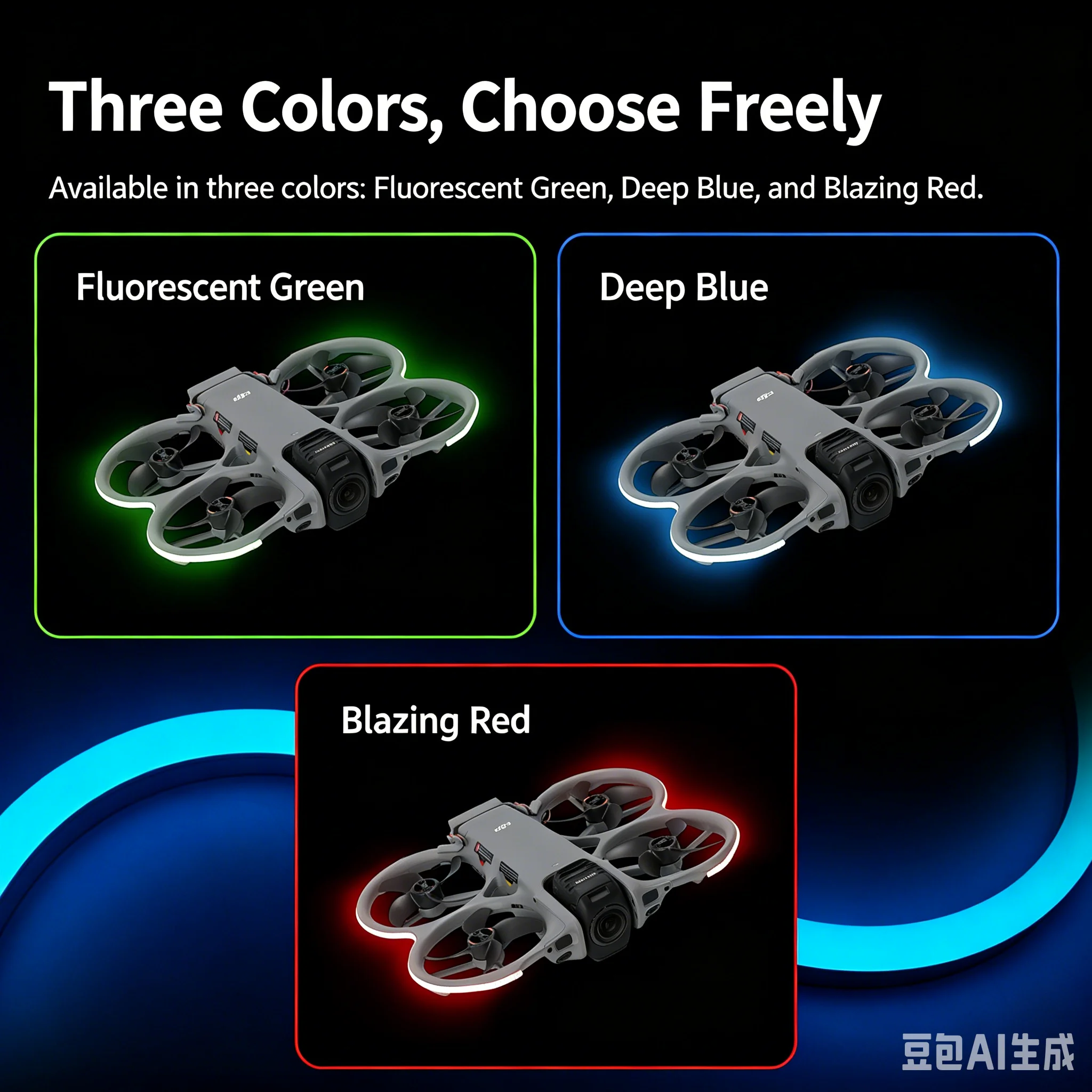 Bande lumineuse LED pour drone DJI Mini 3 Pro en action dans le ciel nocturne, avec des traînées lumineuses bleues.