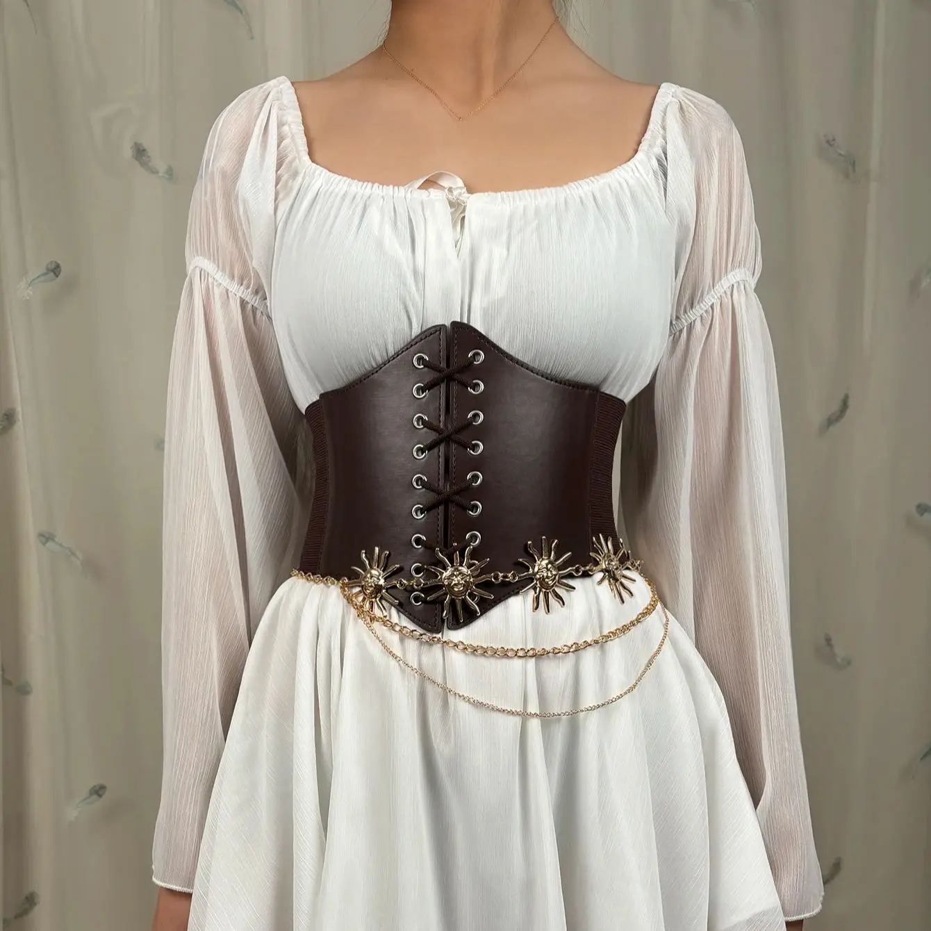 

2PCS Punk Fashion Corset Belt Wide Elastic Waist Belt With Waist Chain For Dress Ladies Vintage Stretch Waspie Cinch Belt